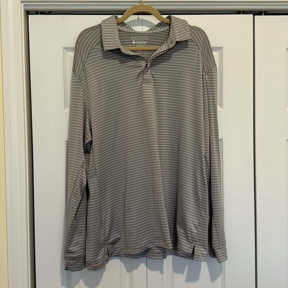 Coolibar Men’s XL UPF 50+ Long Sleeve Gray&White Striped Polo Shirt